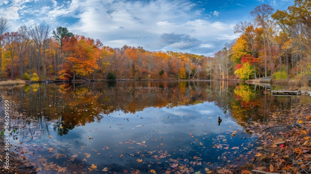 A panoramic photo of a serene lake surrounded by vibrant autumn trees. The colorful leaves are reflected in the still water, creating a picturesque scene