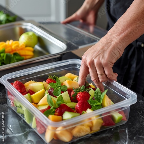 A chef's hands using a food storage container to store prepped fruit. Job ID: efa32ae2-2e03-4949-94c3-61b74a6f2b90