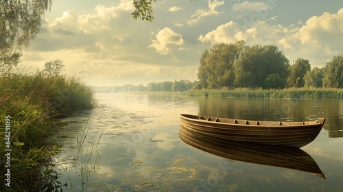  A serene river scene with a small wooden boat.