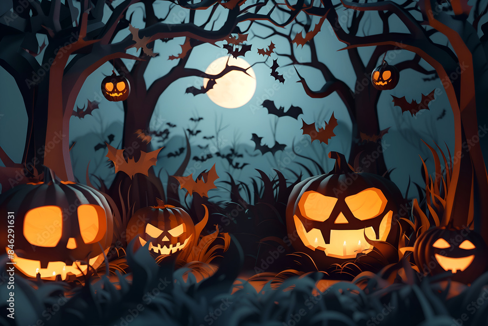 Fototapeta premium Happy Halloween. Illustration of Halloween theme banner with group of Jack O Lantern pumpkin. 3D paper graphic style of moon, spooky tree and bats on dark background