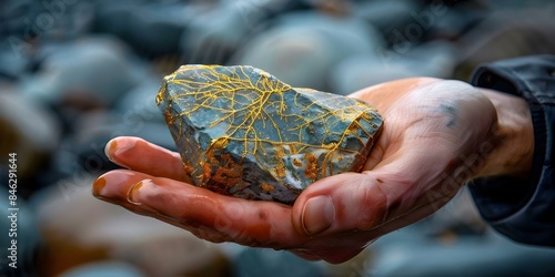 Geologist Holds Gold-Bearing Rock Sample with Intricate Gold Veins. Concept Geology, Gold Vein, Rock Sample, Geological Discovery, Earth Science photo
