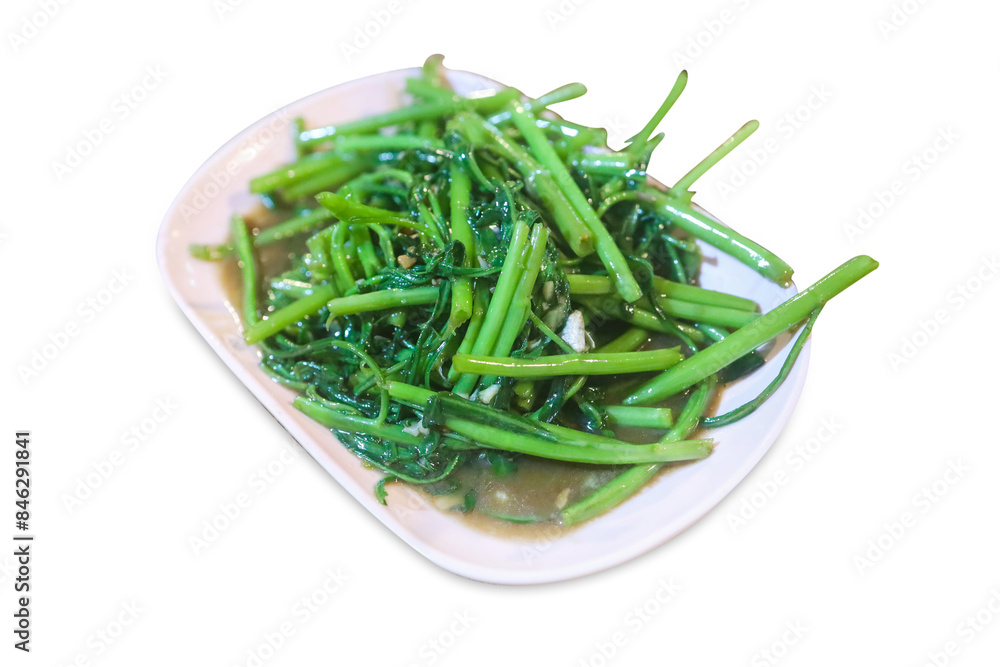 Top view of Stir-Fried Chinese Morning Glory or Water Spinach isolated, focus selective Top view of Stir-Fried Chinese Morning Glory or Water Spinach isolated, focus selective