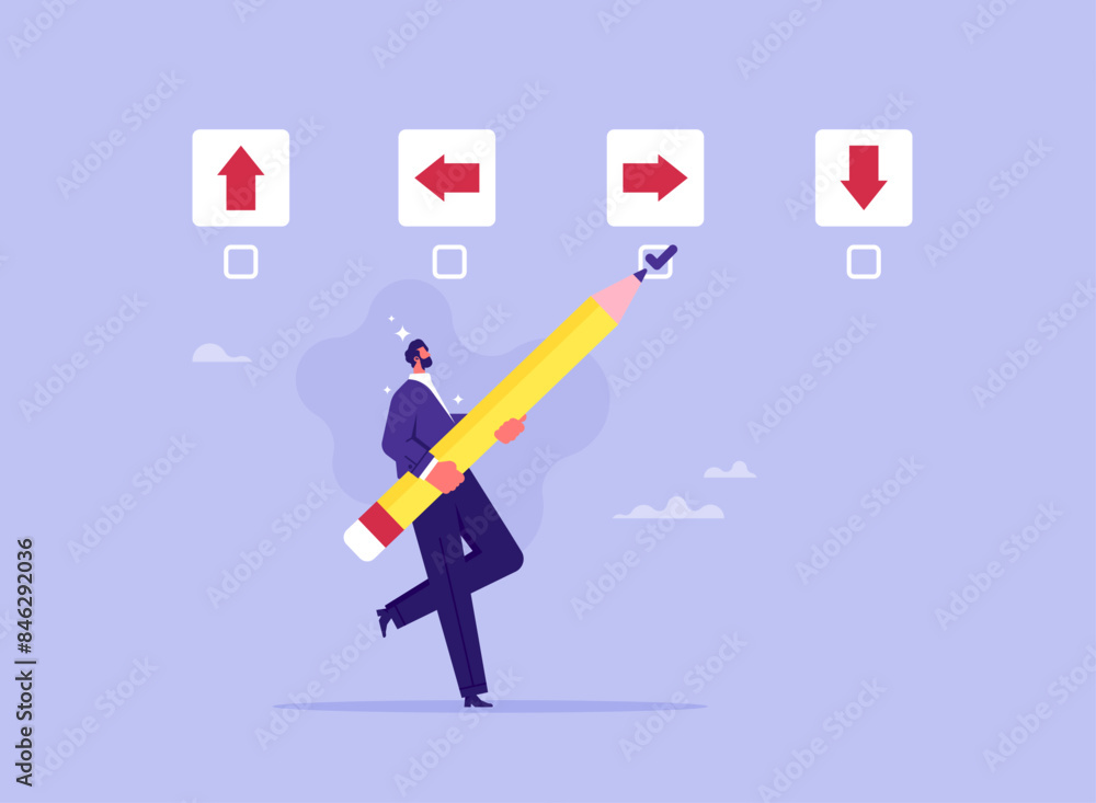 Business decision making, career path, work direction or choose the right way to success concept, businessman puts a checkmark in a box with right arrow Business decision making, career path, work direction or choose the right way to success concept, businessman puts a checkmark in a box with right arrow