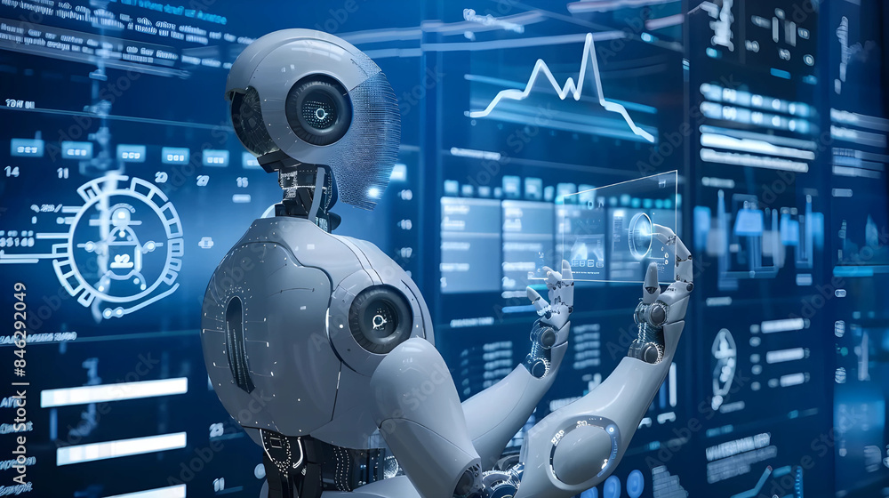 A humanoid robot interacting with futuristic digital interfaces displaying data analytics, charts, and graphs in a high-tech environment and machine learning algorithms. A humanoid robot interacting with futuristic digital interfaces displaying data analytics, charts, and graphs in a high-tech environment and machine learning algorithms.