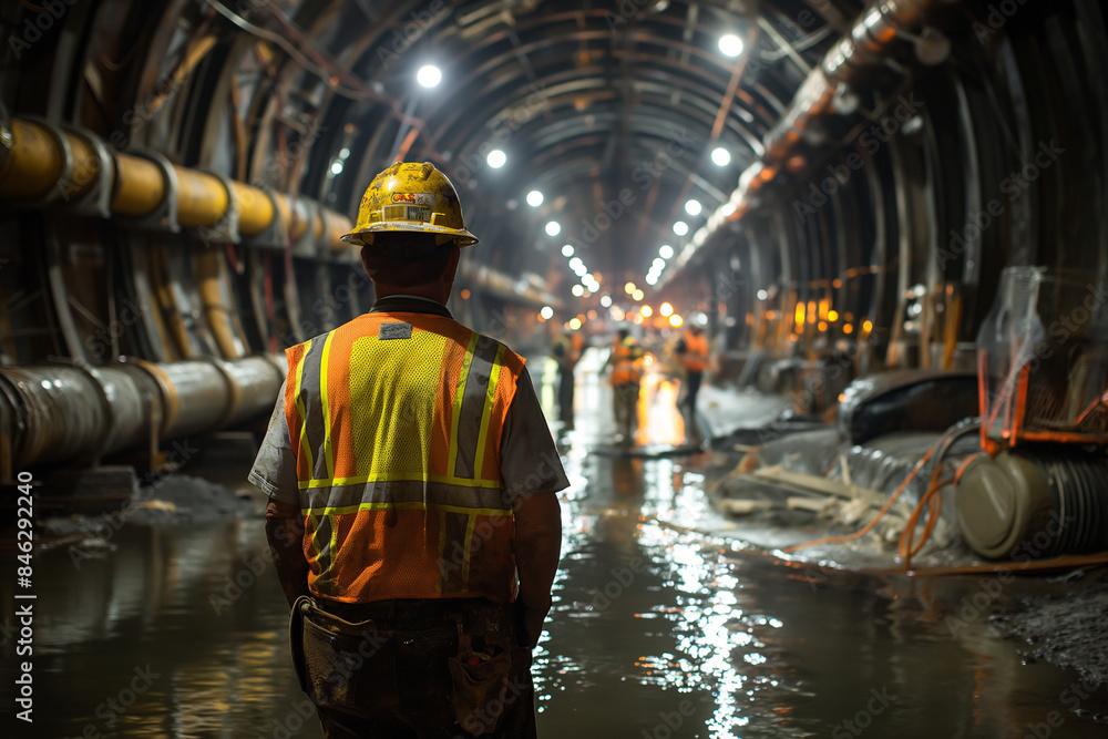 A large tunnel built underground with concrete pipes. Construction workers wear vests and hard hats. A large tunnel built underground with concrete pipes. Construction workers wear vests and hard hats.