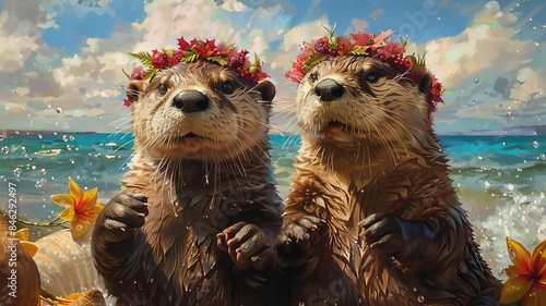 Charming otters enjoying Christmas in July, front-facing, holiday decor intermingled with beach items, festive paws, joyful expressions, in a watercolor style with soft, vivid hues