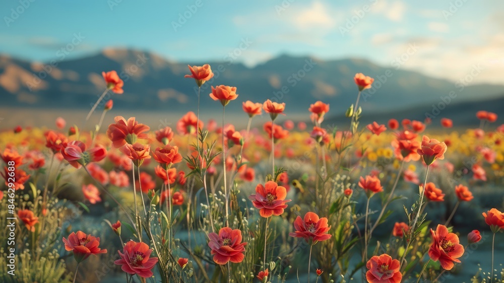 Obraz premium Field of red poppies under blue sky