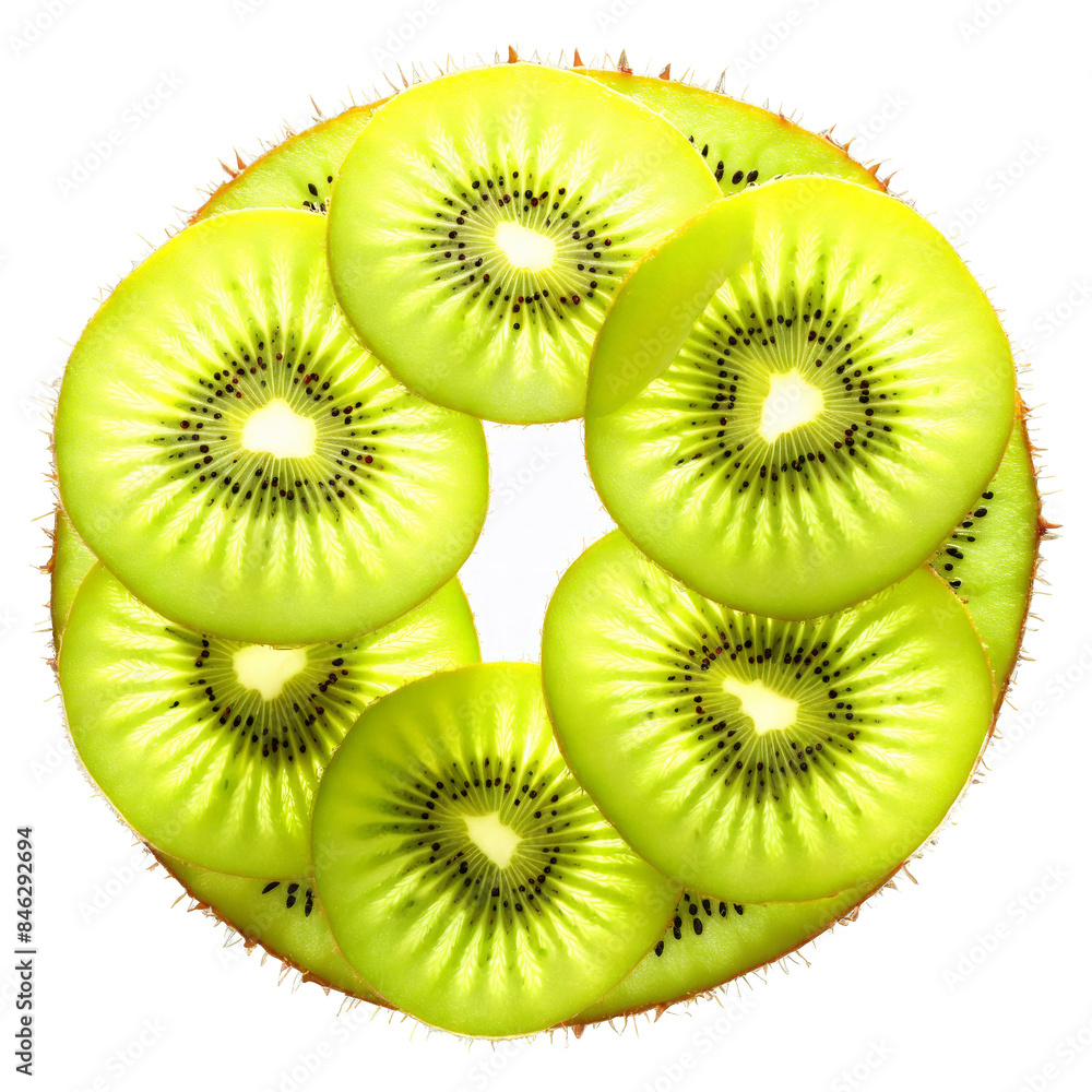 Kiwi Starburst Shape Vibrant green kiwi slices arranged in a starburst pattern with seeds floating Kiwi Starburst Shape Vibrant green kiwi slices arranged in a starburst pattern with seeds floating
