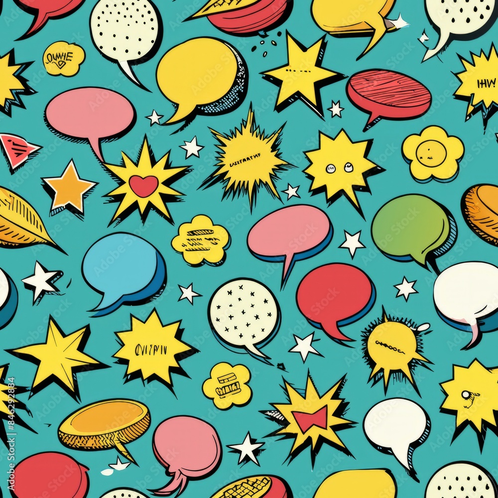 Seamless pattern of comic-style speech balloons and dialogue boxes, creating a dynamic and interactive backdrop, Generative AI Seamless pattern of comic-style speech balloons and dialogue boxes, creating a dynamic and interactive backdrop, Generative AI