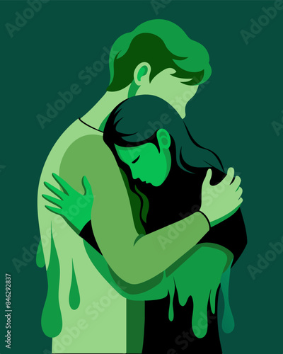 Two bodies wrapped in a tight suffocating embrace with one persons skin turning a sickly shade of green representing a relationship that slowly poisons and deteriorates ones. Vector illustration