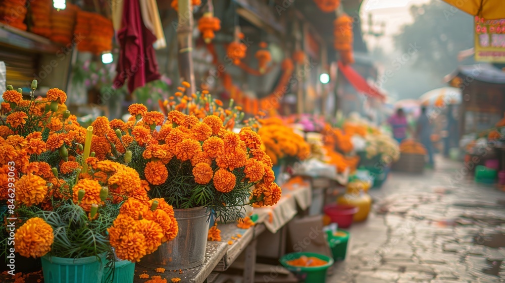 Fototapeta premium Vibrant marigold flowers at an outdoor market