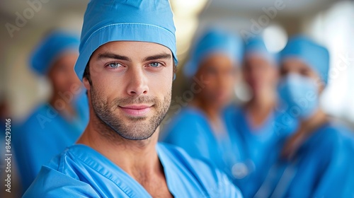 A close-up portrait of a young male surgeon wearing a blue surgical cap and scrubs, looking directly at the camera with a smile