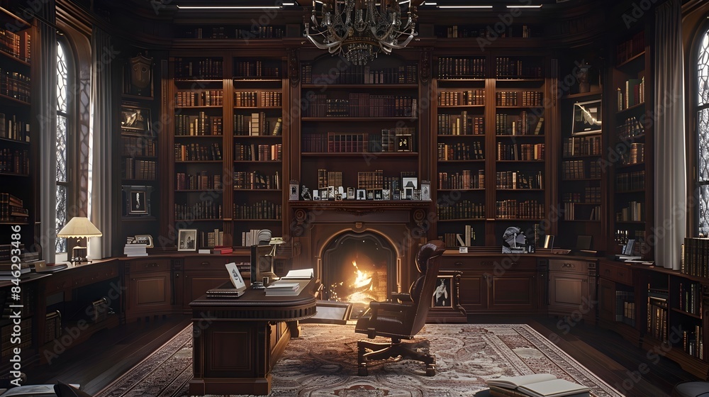 Cozy Classic Study Room with Ornate Bookshelf and Flickering Fireplace