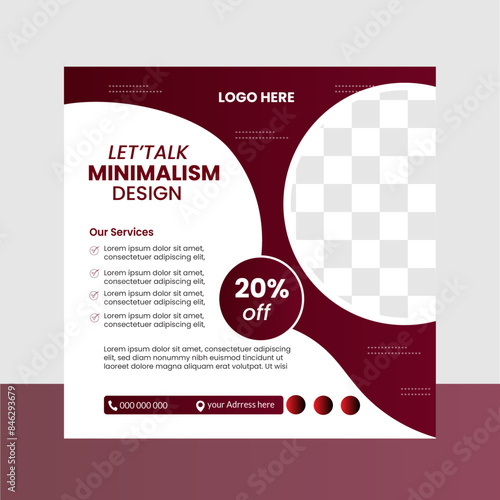  business Social Media Post Template, Editable Post Template Social Media Banners, Maroon and white background color with stripe  shape. Suitable for social media post and web internet ads.  photo