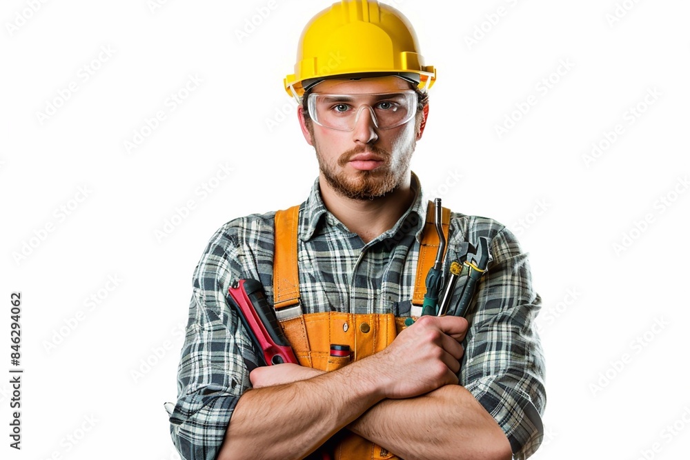 Skilled laborer with safety glasses, holding his tools, standing professionally against a clean white backdrop Skilled laborer with safety glasses, holding his tools, standing professionally against a clean white backdrop