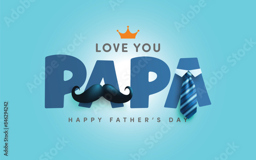 Father's Day poster or banner template with mustache and necktie on gray background. Greetings and presents for Father's Day in flat lay styling. Promotion and shopping template for love dad