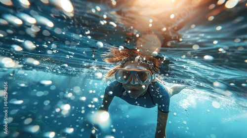 Adolescent female in neoprene diving and observing marine life with effervescence and mirror image on the sea's surface. photo