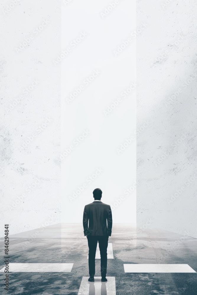 A man stands in the middle of a road, looking off into the distance A man stands in the middle of a road, looking off into the distance