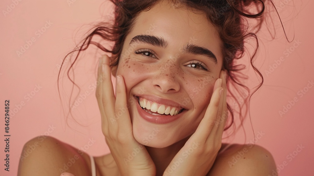 Luminous lady with infectious grin playfully strikes a pose, delicately holding her face, capturing a moment of pure joy and natural allure. Luminous lady with infectious grin playfully strikes a pose, delicately holding her face, capturing a moment of pure joy and natural allure.