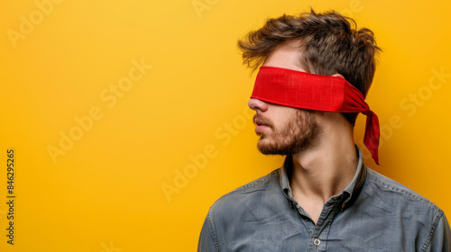Portrait of a young man with a blindfold on yellow background with copy space
