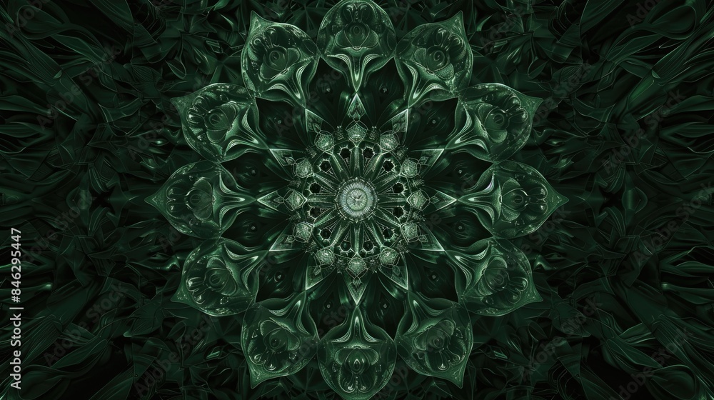 Abstract design with kaleidoscopic patterns in dark green monochrome palette Abstract design with kaleidoscopic patterns in dark green monochrome palette