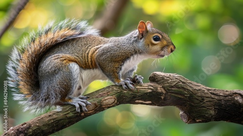 A close-up photo of a squirrel perched on a tree branch in a lush green forest setting. The squirrels bushy tail and curious expression add to its charm