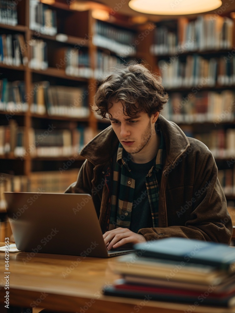 A college student is conducting research in a contemporary library, using a laptop and surrounded by books and academic resources A college student is conducting research in a contemporary library, using a laptop and surrounded by books and academic resources