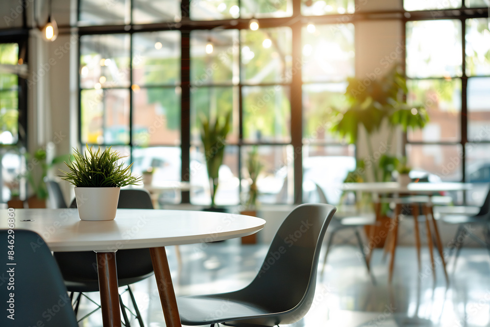 Modern cafe interior with round tables and black chairs, large windows letting in natural light, decorated with indoor plants, creating a bright and inviting atmosphere Modern cafe interior with round tables and black chairs, large windows letting in natural light, decorated with indoor plants, creating a bright and inviting atmosphere