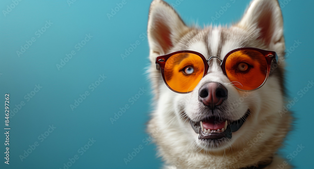 Smiling Husky Dog with Sunglasses in Front of Camera - Close Up on Right Side, Realistic Website Banner Smiling Husky Dog with Sunglasses in Front of Camera - Close Up on Right Side, Realistic Website Banner