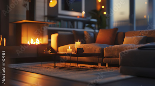 A contemporary living room featuring a stylish sofa and a cozy fire, captured with HD precision