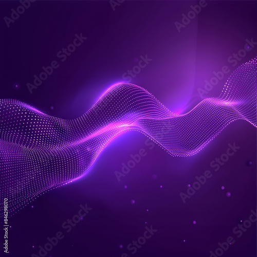 Abstract dark background with glow and purple glowing dots, line waves in the foreground. Bright neon purple color, gradient