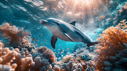 Captivating Underwater Encounter Graceful Dolphins Amid Vibrant Coral Reefs and Swirling Seagrass in a Mesmerizing Ocean Adventure Scene