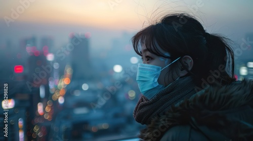 Young woman wearing respiratory mask protect and filter pm2.5. From the rooftop, the woman looks down at the cityscape covered in smog and smoke pollution, City air pollution concept.