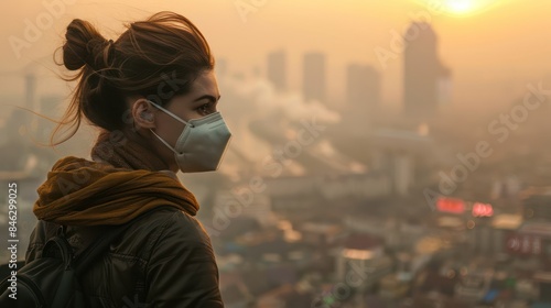 Young woman wearing respiratory mask protect and filter pm2.5. From the rooftop, the woman looks down at the cityscape covered in smog and smoke pollution, City air pollution concept.