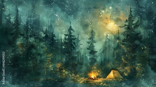 Wallpaper Mural Serene Forest Campsite Under Starlit Skies in Enchanting Watercolor Landscape Torontodigital.ca