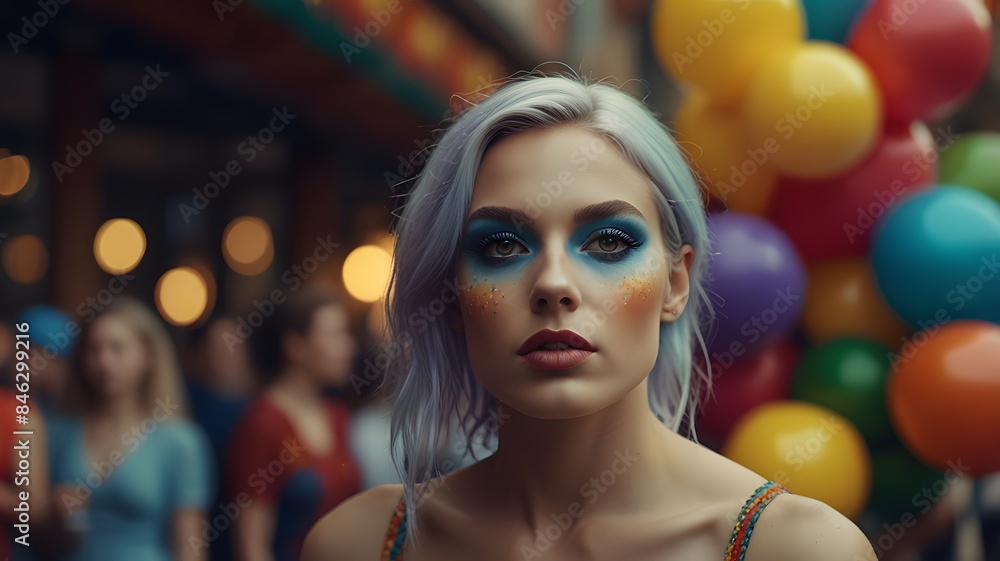 Fototapeta premium A white-haired woman draws blue eyes to participate in the LGBT Pride parade, illustration of the LGBTQ festival.