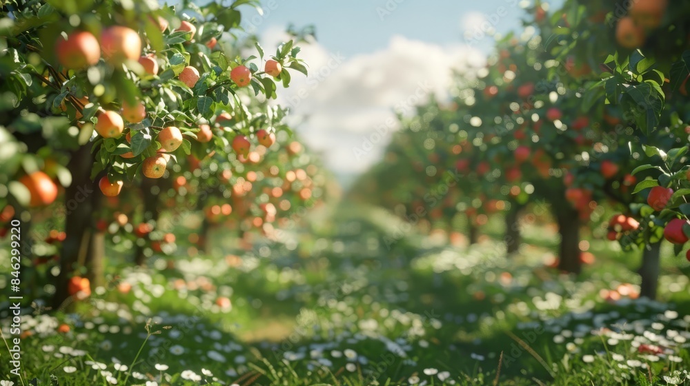 A detailed digital rendering of a picturesque apple orchard visit, highlighting the tactile experience and natural beauty of this seasonal activity A detailed digital rendering of a picturesque apple orchard visit, highlighting the tactile experience and natural beauty of this seasonal activity