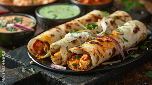Kathi Rolls with sauce & mint chutney. Indian tradition foods. photo