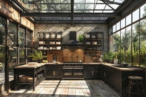 A kitchen in farm house with black wooden interior and glass roof and glass walls © aqsa