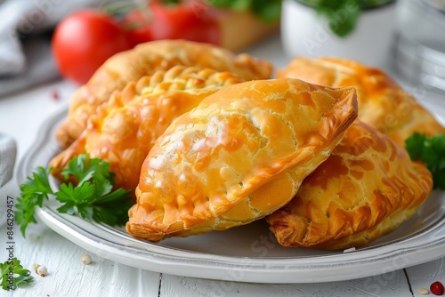 Freshly Baked Golden Pastries Curry Puff White Plate Homemade Savory Snacks Flaky Dough Delicious Aroma Garnished Parsley