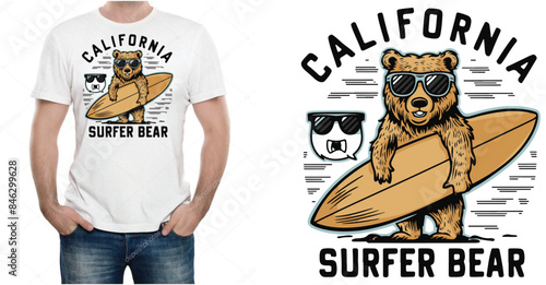 California surfer bear T shirt design vector .