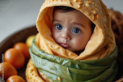 baby wrapped in salad vegetables  photo