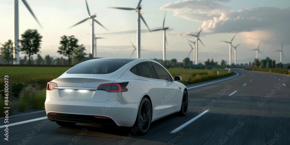 Fototapeta premium An electric car is seen on a picturesque highway with wind turbines in the backdrop, promoting sustainable transportation and renewable energy sources. The scene highlights ecofriendly practices