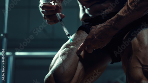 Doping. An athletic, pumped-up man inserts a syringe with doping into a muscle. The concept of single-mindedness and focus