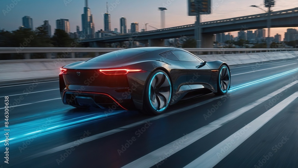 Cutting-edge electric cars rushing down a metropolitan highway, highlighting urban connectedness and sustainable high-speed transit Cutting-edge electric cars rushing down a metropolitan highway, highlighting urban connectedness and sustainable high-speed transit