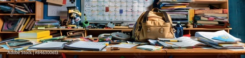 a teacher 's desk in disarray representing the end of the school year with various objects, including graded papers, used worn out school supplies, calendar with days marked off, yearbook