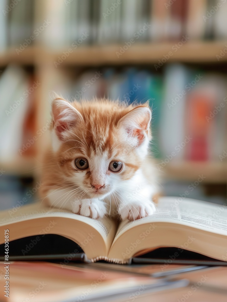 A very cute round-faced orange and white kitten laying on a book in a bright library. A very cute round-faced orange and white kitten laying on a book in a bright library.