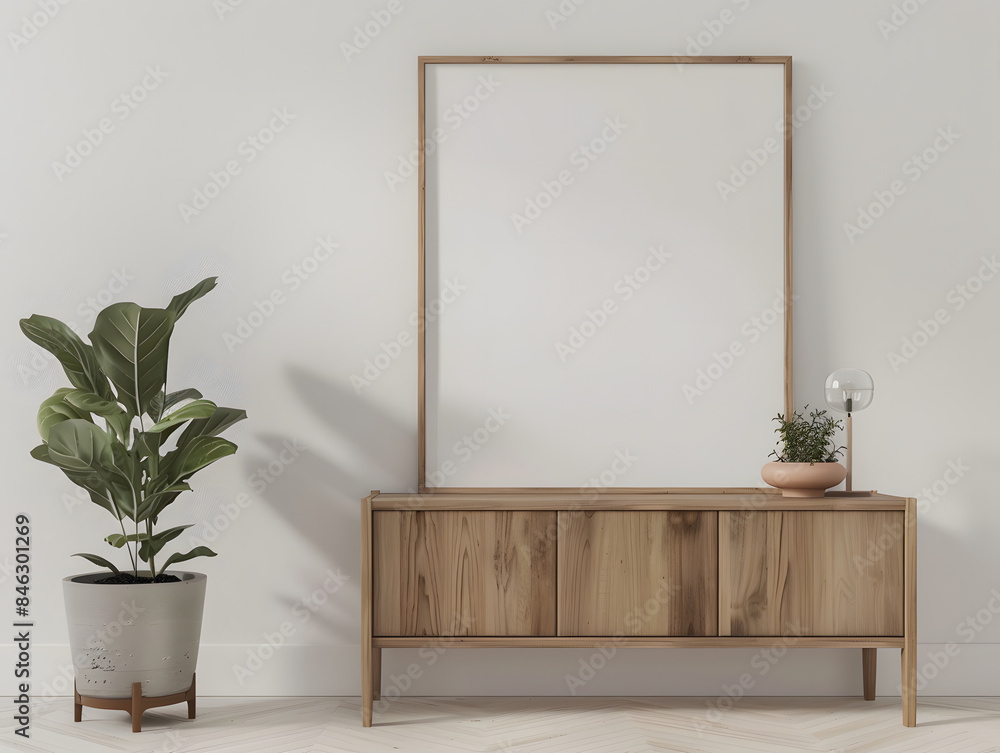 Blank picture frame mockup stands next to wooden cabinets in a white room Blank picture frame mockup stands next to wooden cabinets in a white room