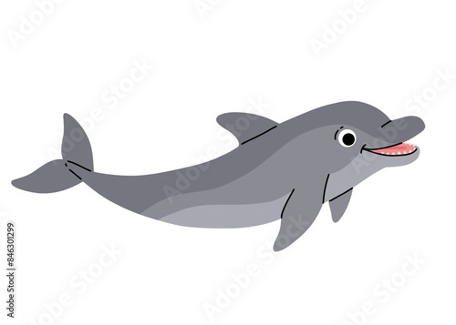 Vector cartoon illustrations of bottlenose common dolphin on a white background. Flat cute icon of dolphin. Underwater world  ocean  underwater inhabitants.
