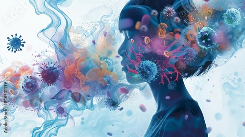 A digital illustration of a person surrounded by various airborne microorganisms, showcasing the importance of preventing pathogen transmission through air hygiene measures photo